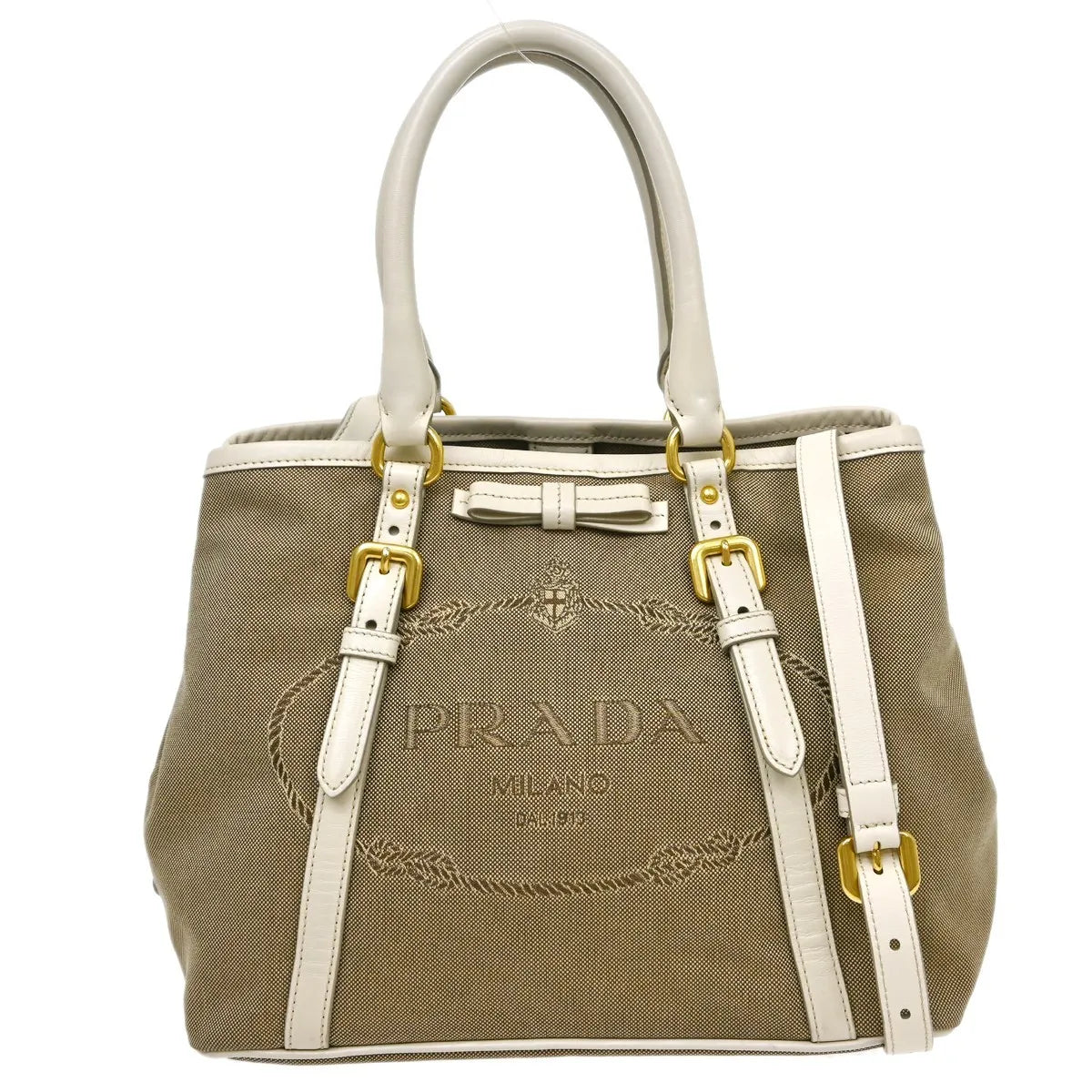 Prada Open Tote Canvas With Leather Beige Canvas Handbag (Pre-Owned)