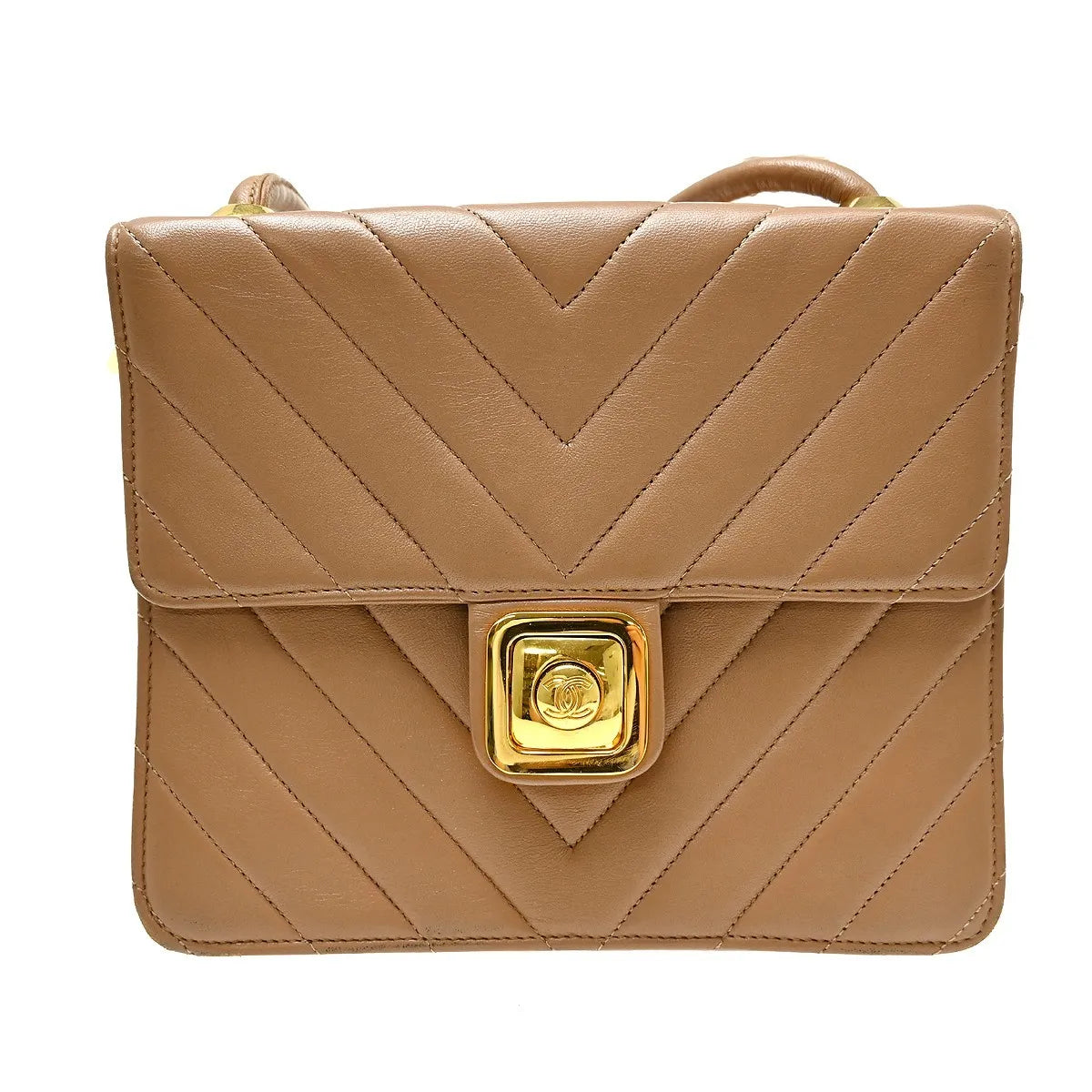 Chanel Vintage Push Lock Flap Chevron Lambskin Brown Leather Shoulder Bag Bag (Pre-Owned)