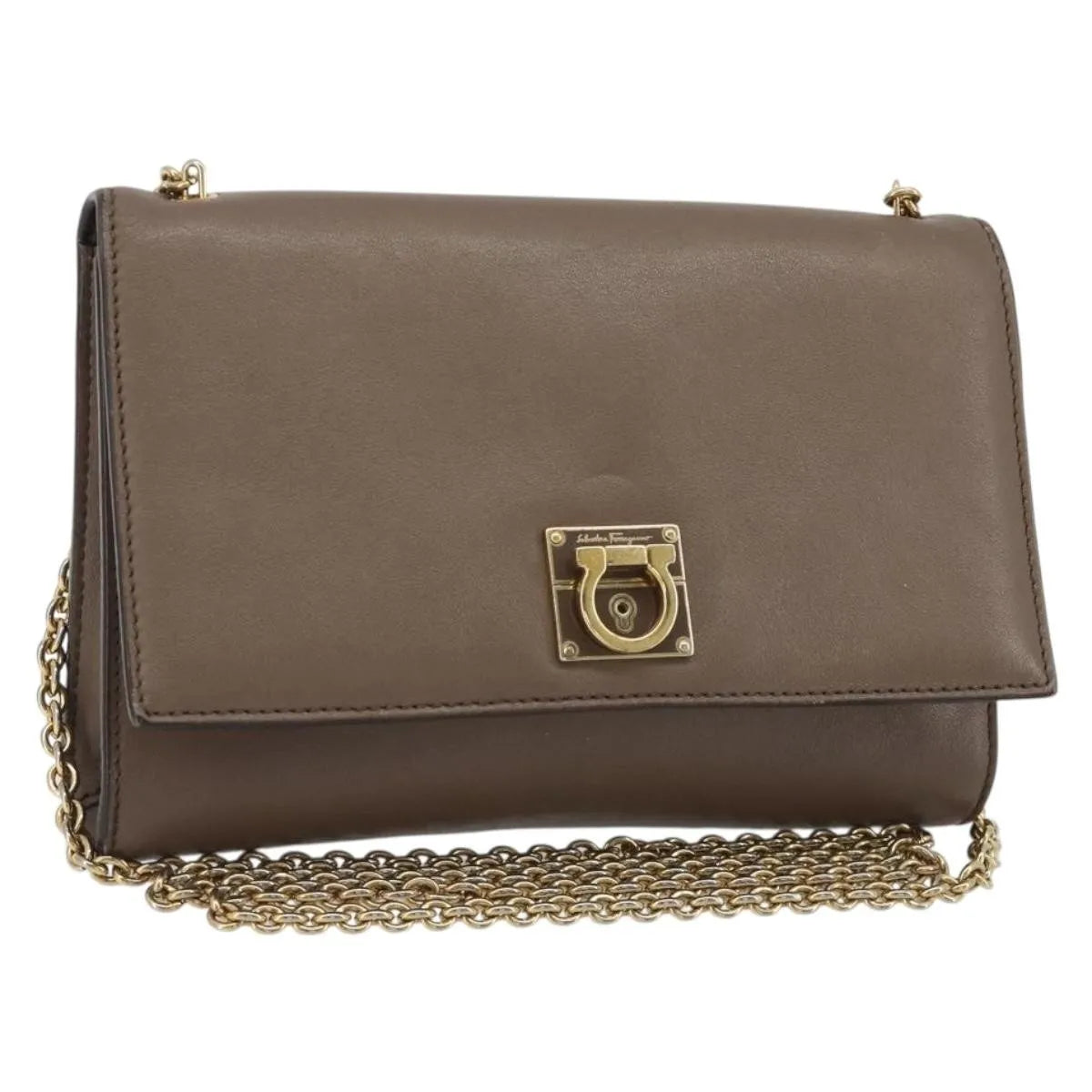 Salvatore Ferragamo Gancini Chain Leather Gray Leather Shoulder Bag Bag (Pre-Owned)