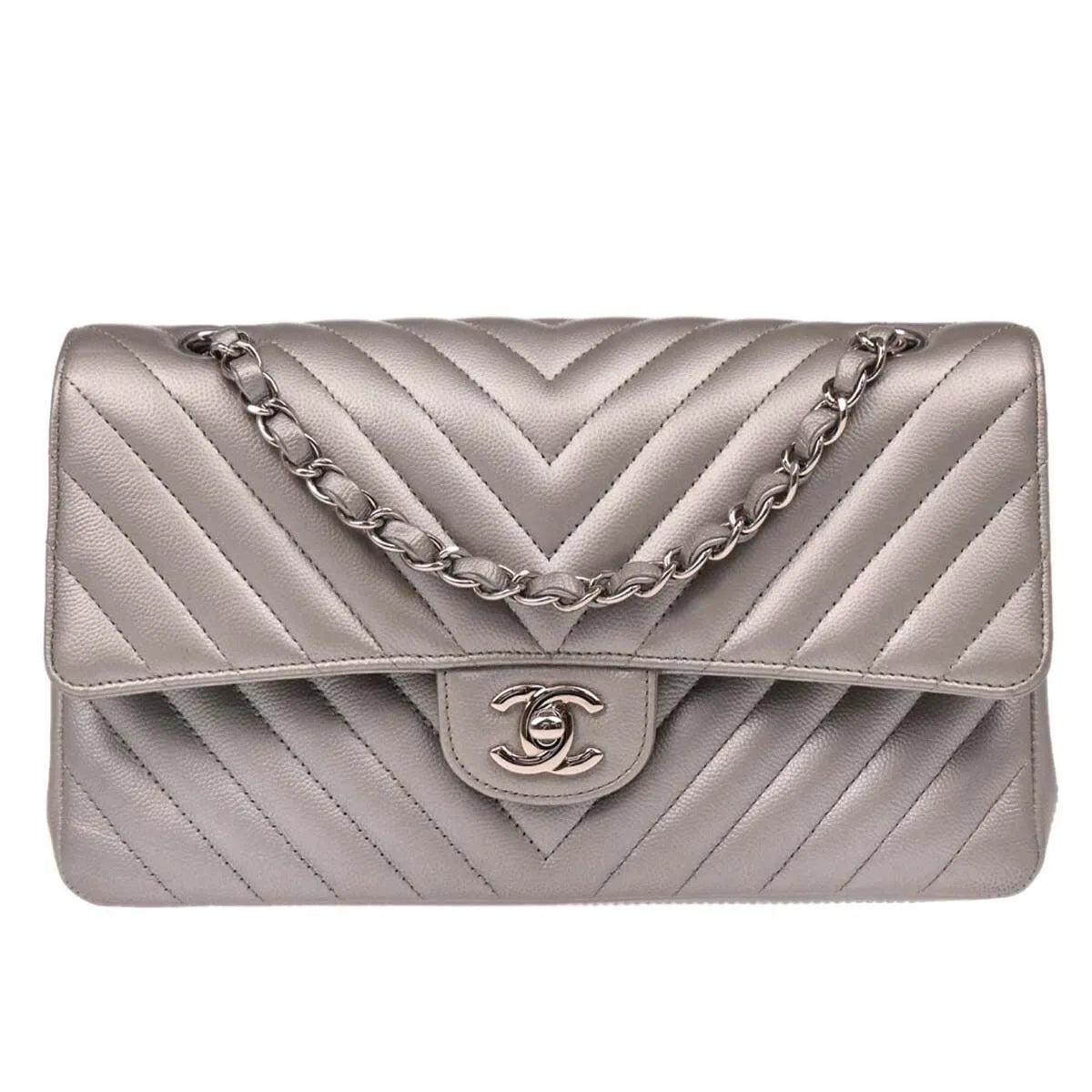 Chanel Timeless - Classic Double Flap Leather Silver Calfskin Shoulder Bag Bag (Pre-Owned)