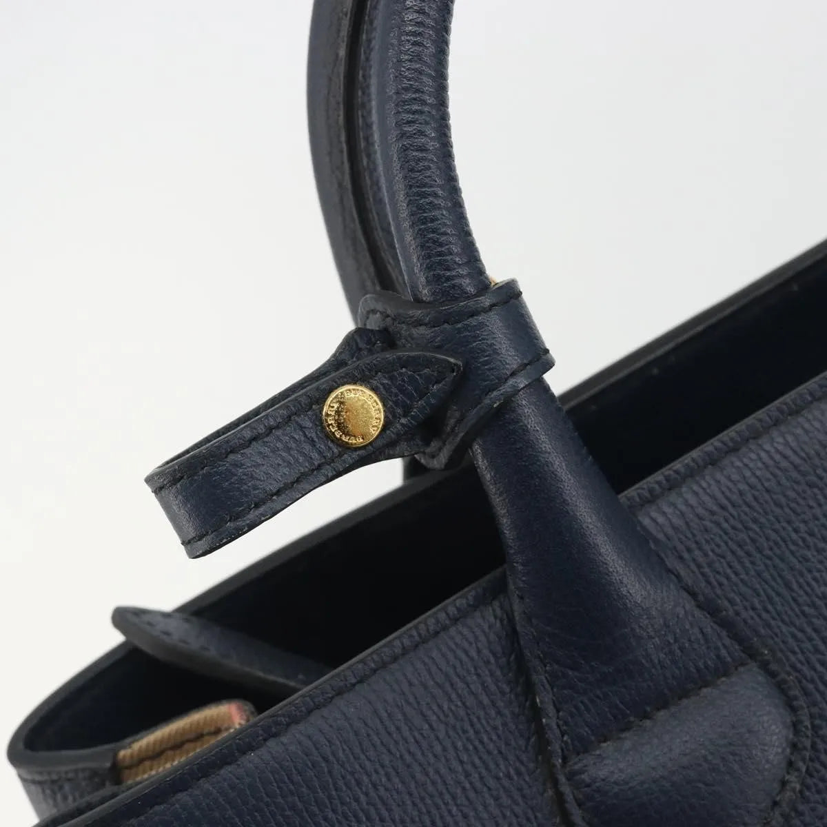 Burberry Banner Tote Leather And House Check Canvas Navy Leather Handbag (Pre-Owned)
