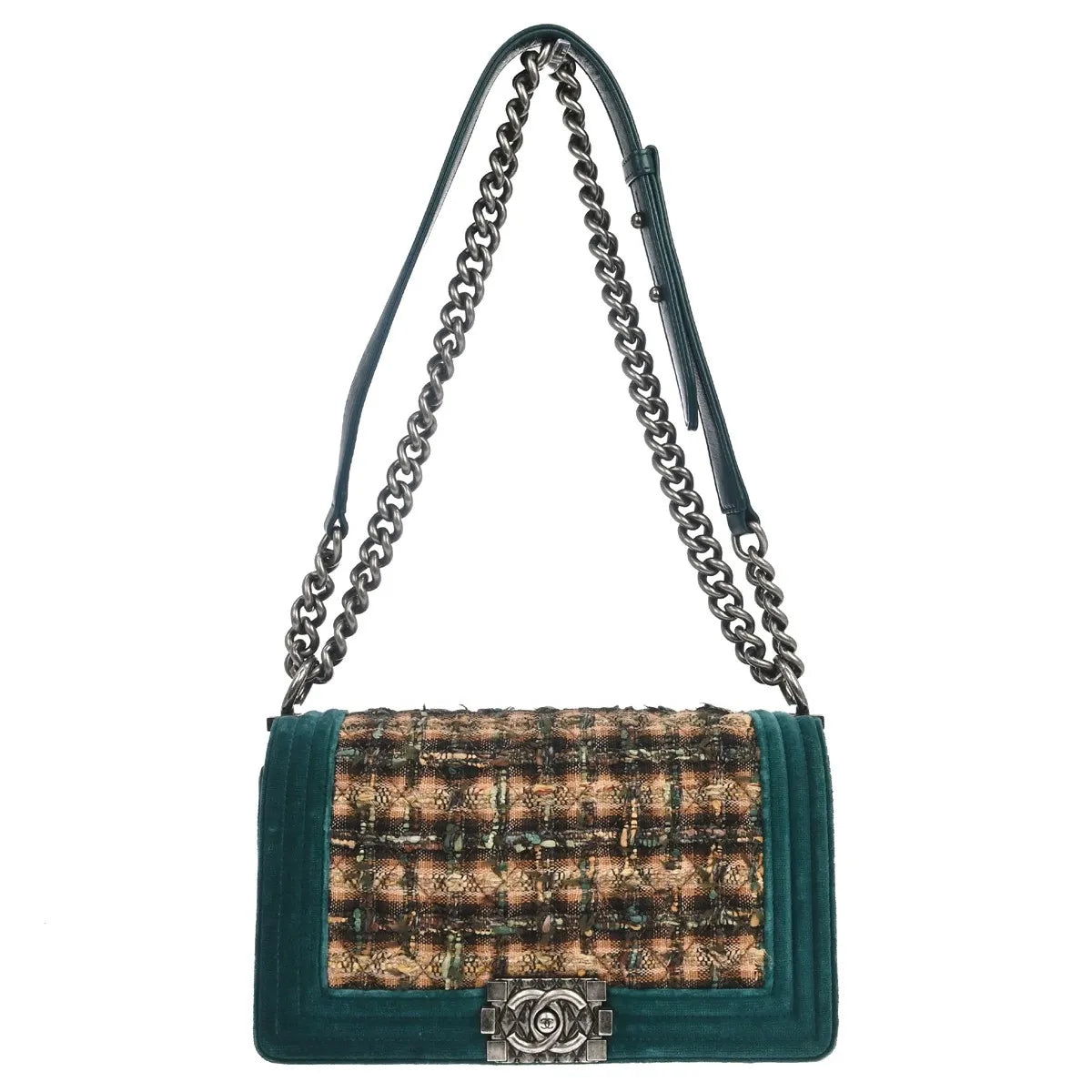 Chanel Boy Flap Quilted Tweed With Velvet Green Velvet Shoulder Bag Bag (Pre-Owned)