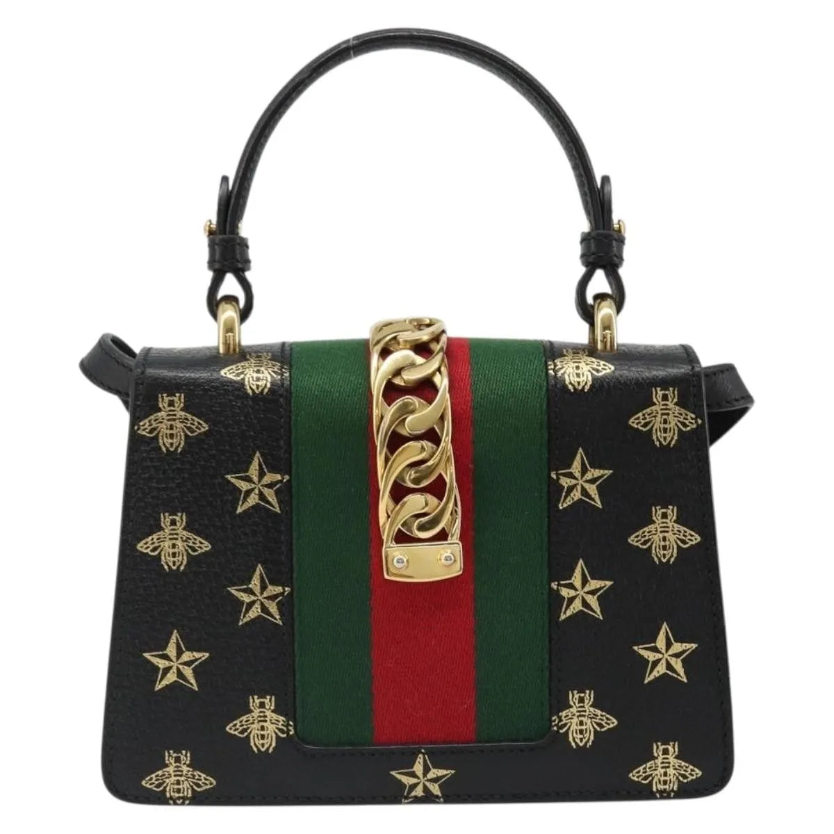 Gucci Sylvie Top Handle Printed Leather Black Leather Handbag (Pre-Owned)