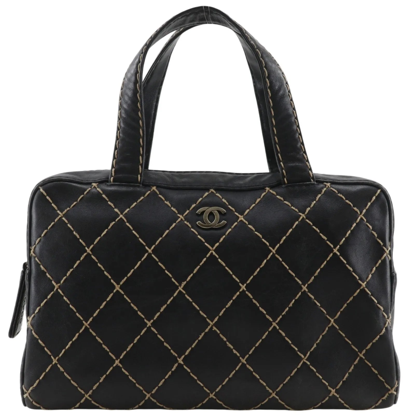 Chanel Surpique Boston Quilted Leather Black Leather Handbag (Pre-Owned)