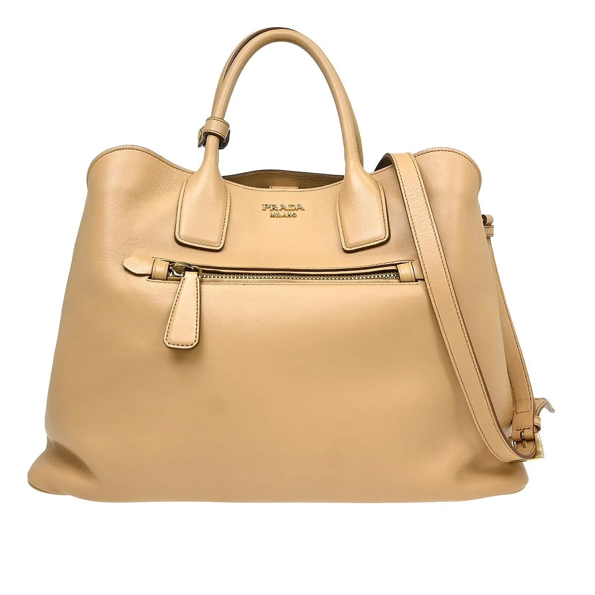 Prada Shopping Tote Cervo Leather Beige Leather Handbag (Pre-Owned)