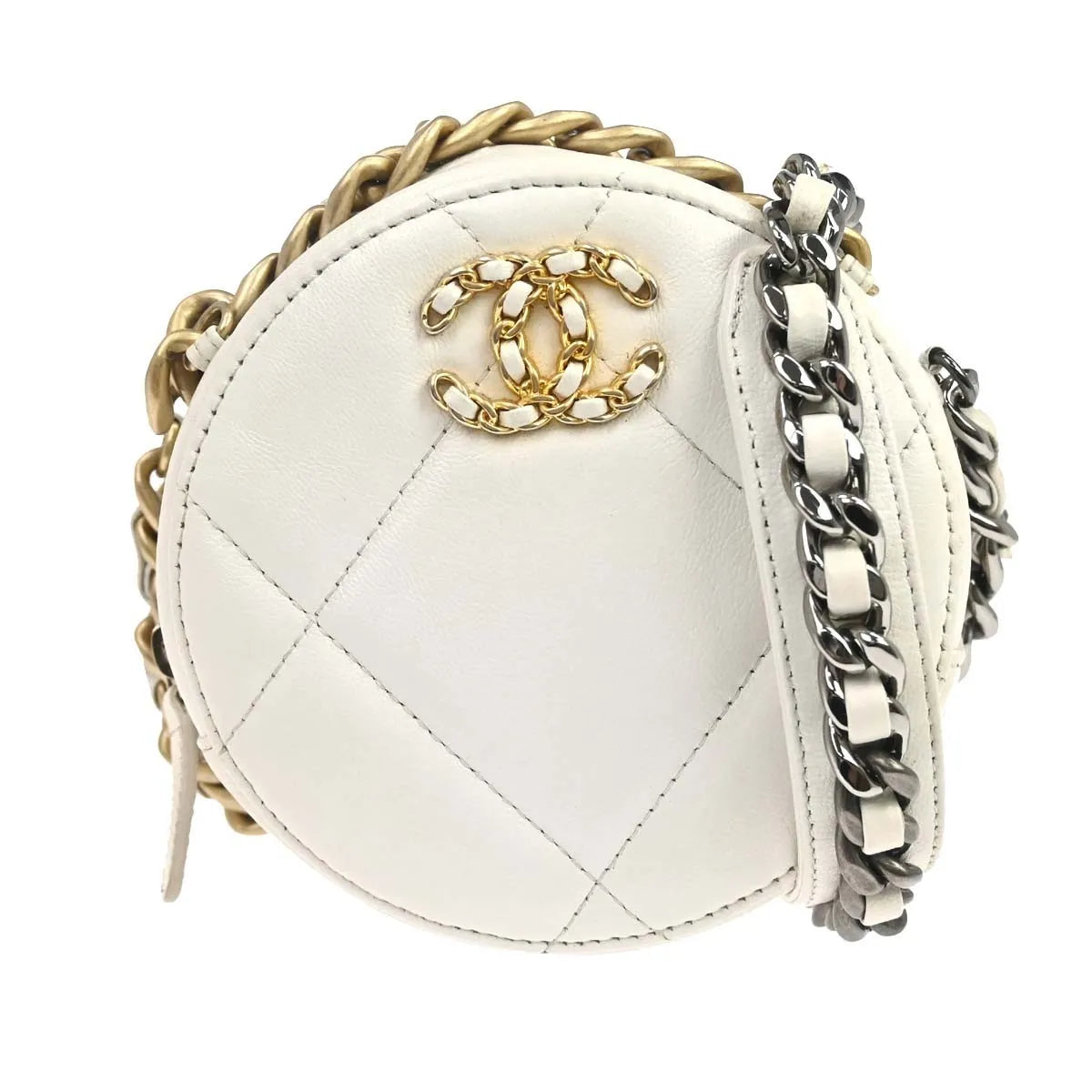 Chanel Round Clutch With Chain Quilted Lambskin White Leather Clutche & Pouche Bag (Pre-Owned)