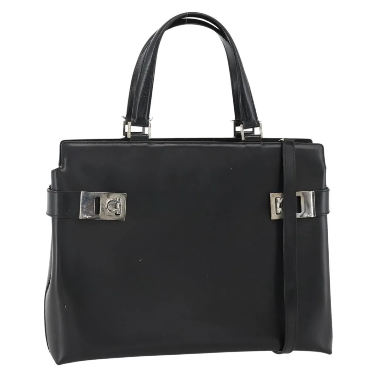 Salvatore Ferragamo Double Gancini Side Buckle Tote Leather Black Leather Handbag (Pre-Owned)