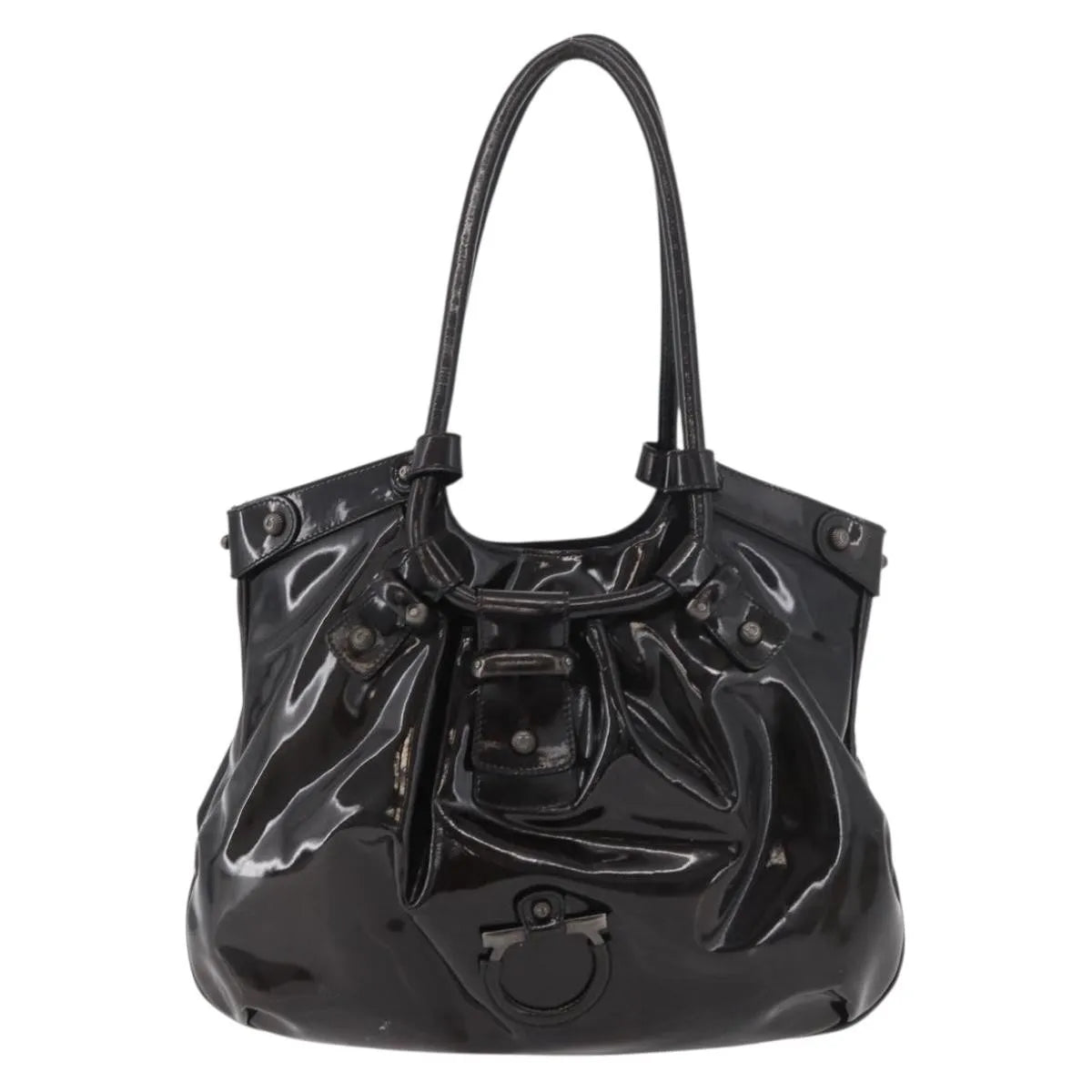 Salvatore Ferragamo Gancini Patent Leather Brown Patent_Leather Handbag (Pre-Owned)