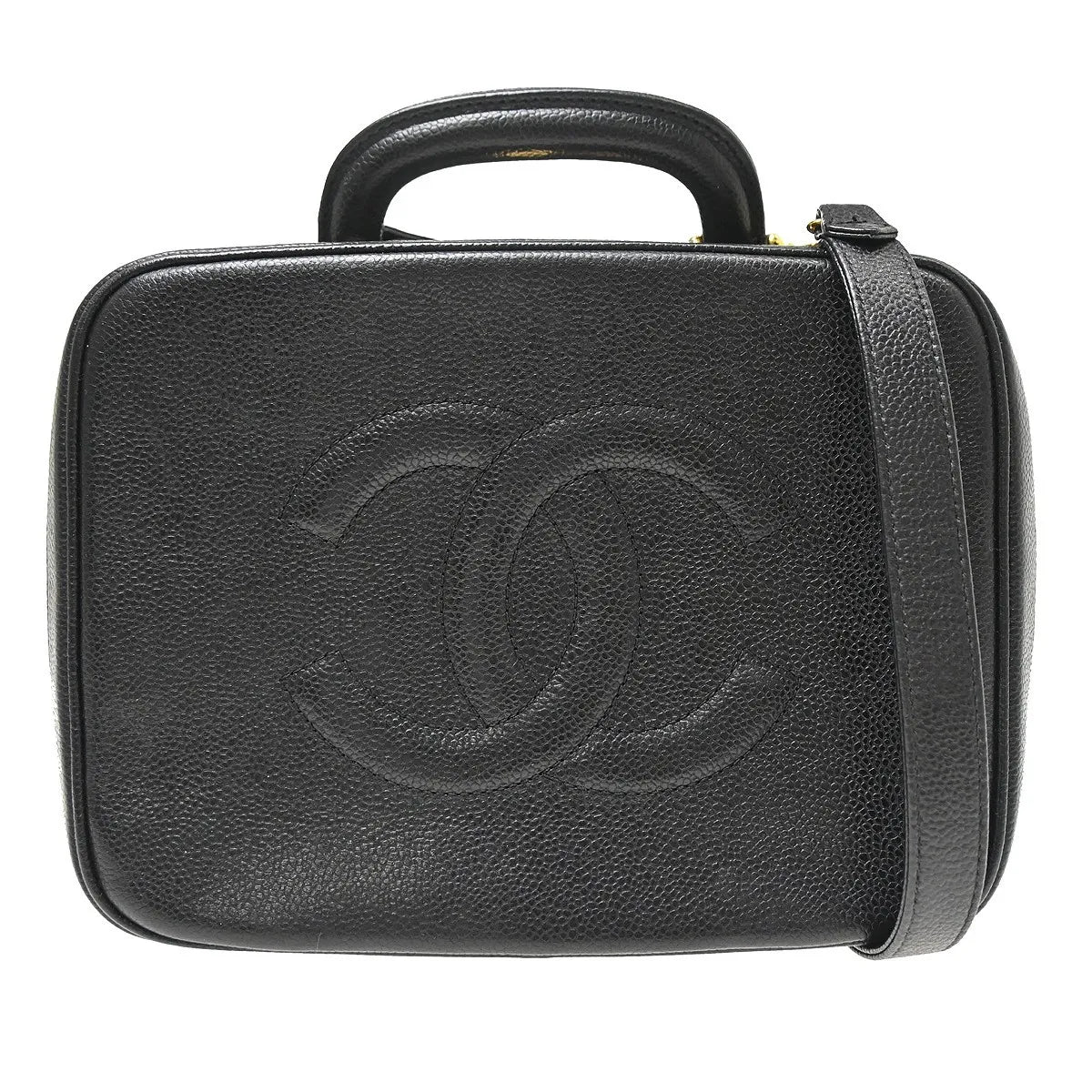 Chanel Vintage Timeless Zip Around Vanity Case Caviar Black Leather Handbag (Pre-Owned)