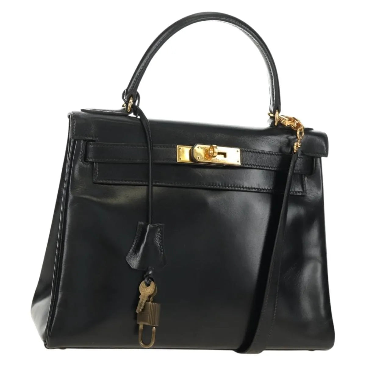 Hermes Kelly Black Box Calf With Gold Hardware Black Calfskin Handbag (Pre-Owned)