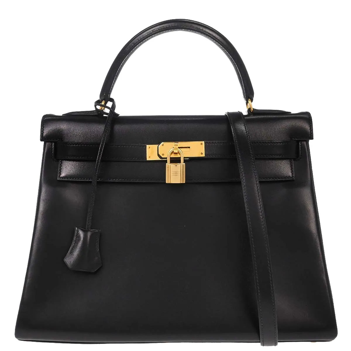 Hermes Kelly Black Box Calf With Gold Hardware Black Leather Handbag (Pre-Owned)