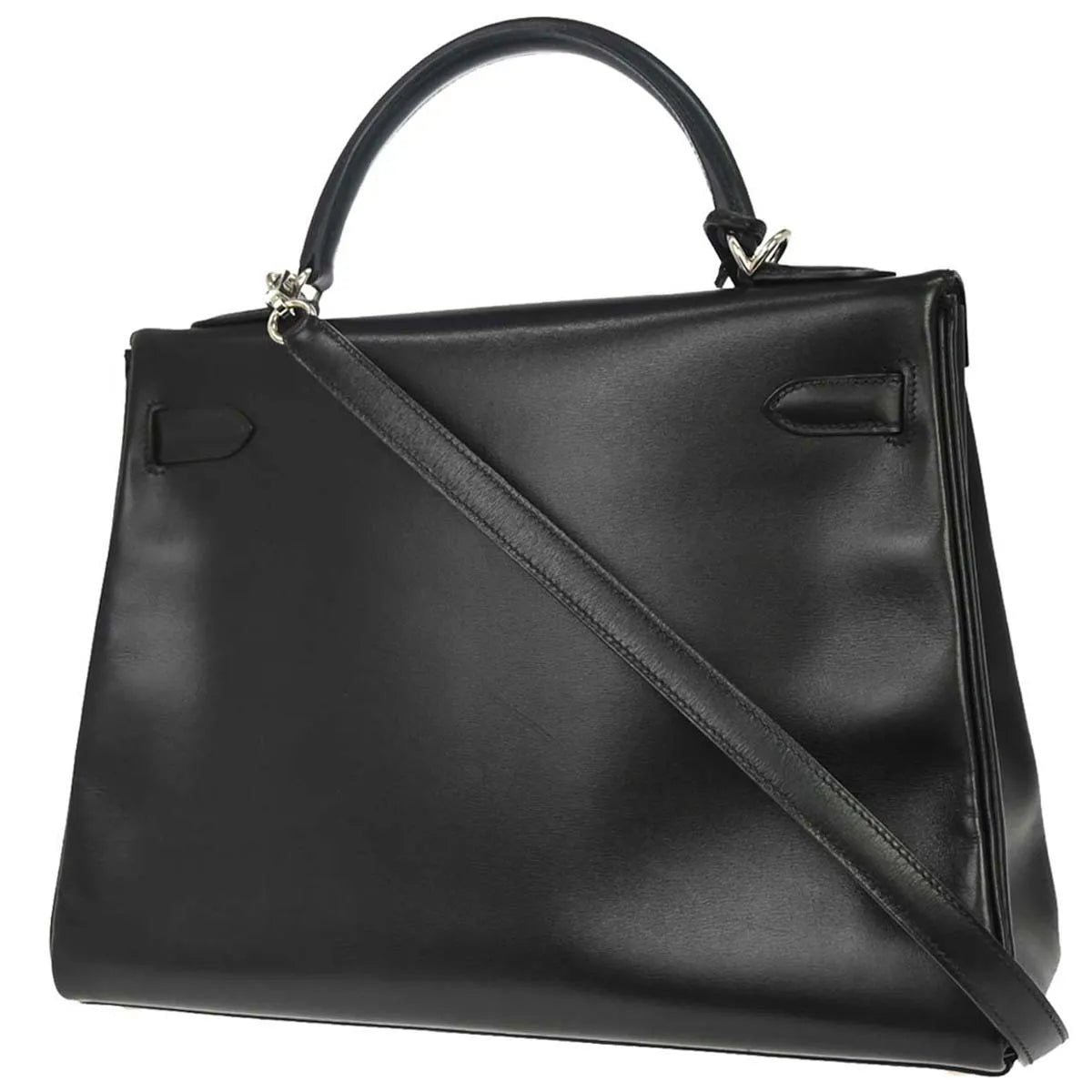 Hermes Kelly Handbag Black Box Calf With Palladium Hardware Black Leather Handbag (Pre-Owned)