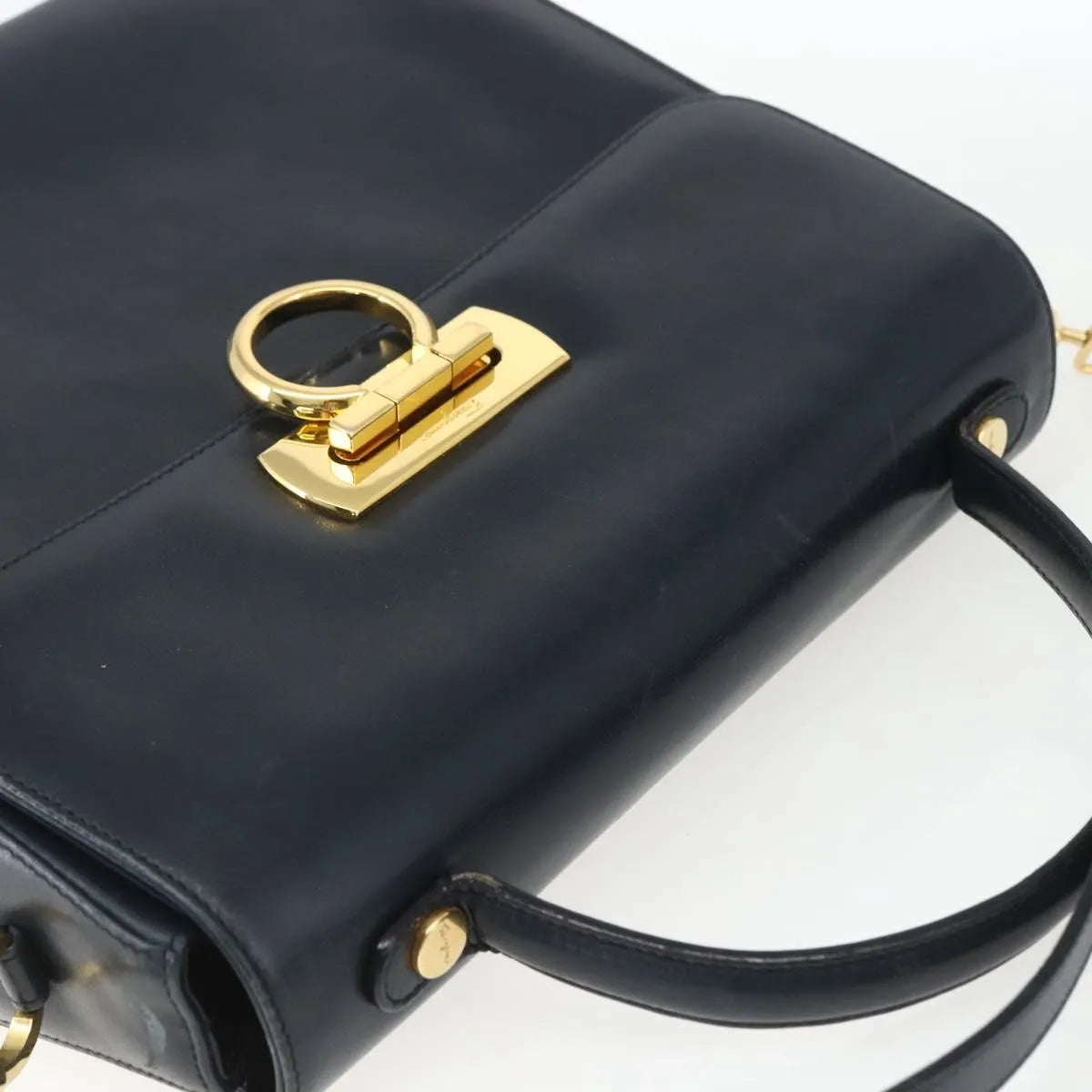 Salvatore Ferragamo Gancini Convertible Top Handle Leather Navy Leather Handbag (Pre-Owned)