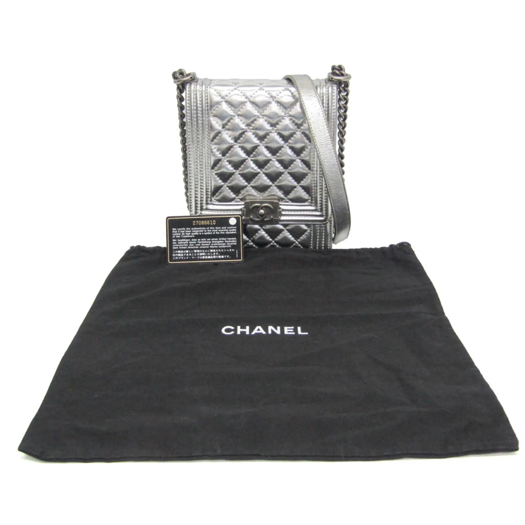 Chanel North South Boy Flap Quilted Metallic Calfskin Silver Leather Shoulder Bag Bag (Pre-Owned)