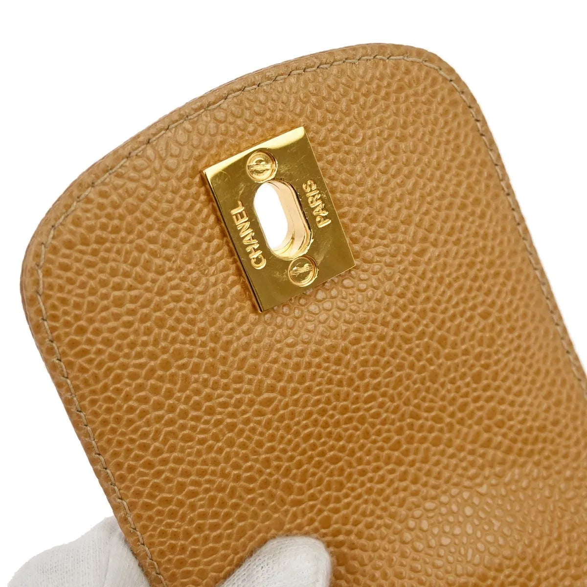 Chanel Vintage Cc Phone Holder Caviar Beige Leather Clutche & Pouche Bag (Pre-Owned)