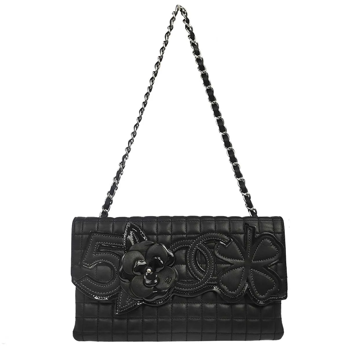 Chanel Camellia No.5 Chain Flap Quilted Lambskin Black Leather Shoulder Bag Bag (Pre-Owned)