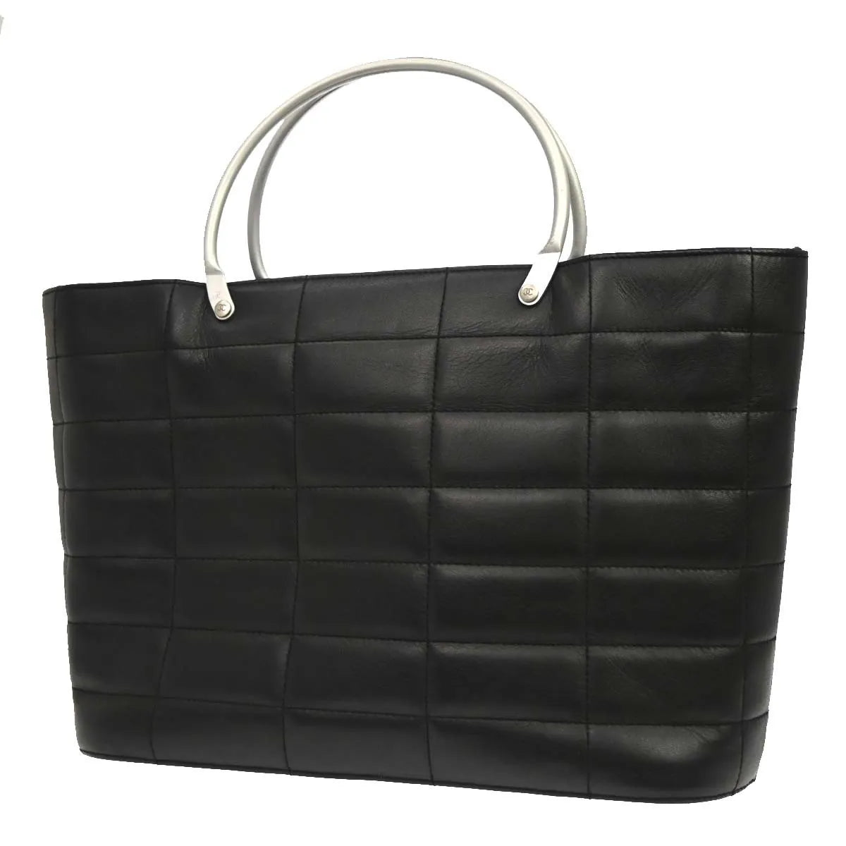 Chanel Vintage Chocolate Bar Tote Quilted Leather Black Leather Tote Bag Bag (Pre-Owned)
