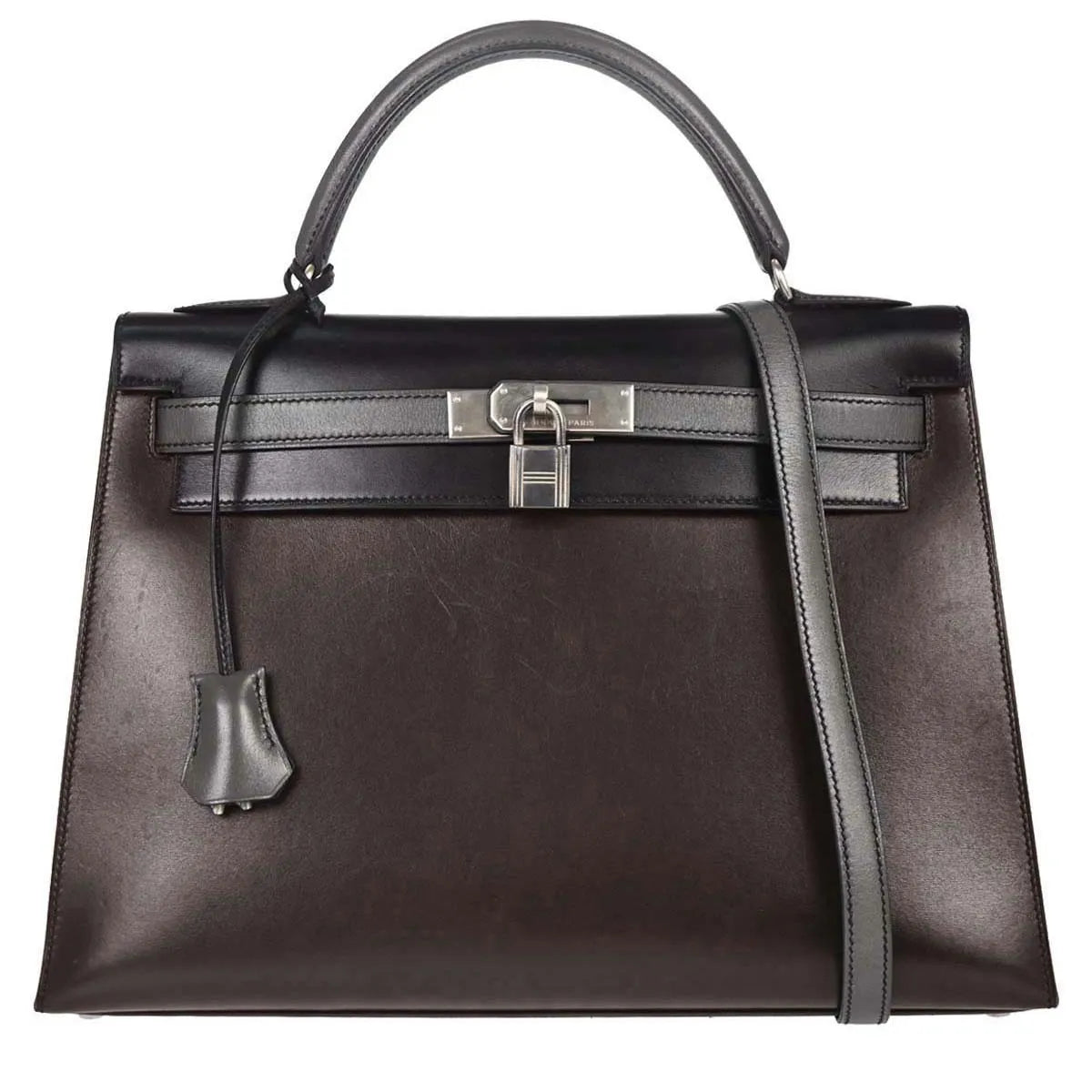 Hermes Kelly Handbag Black Box Calf With Palladium Hardware Black Leather Handbag (Pre-Owned)