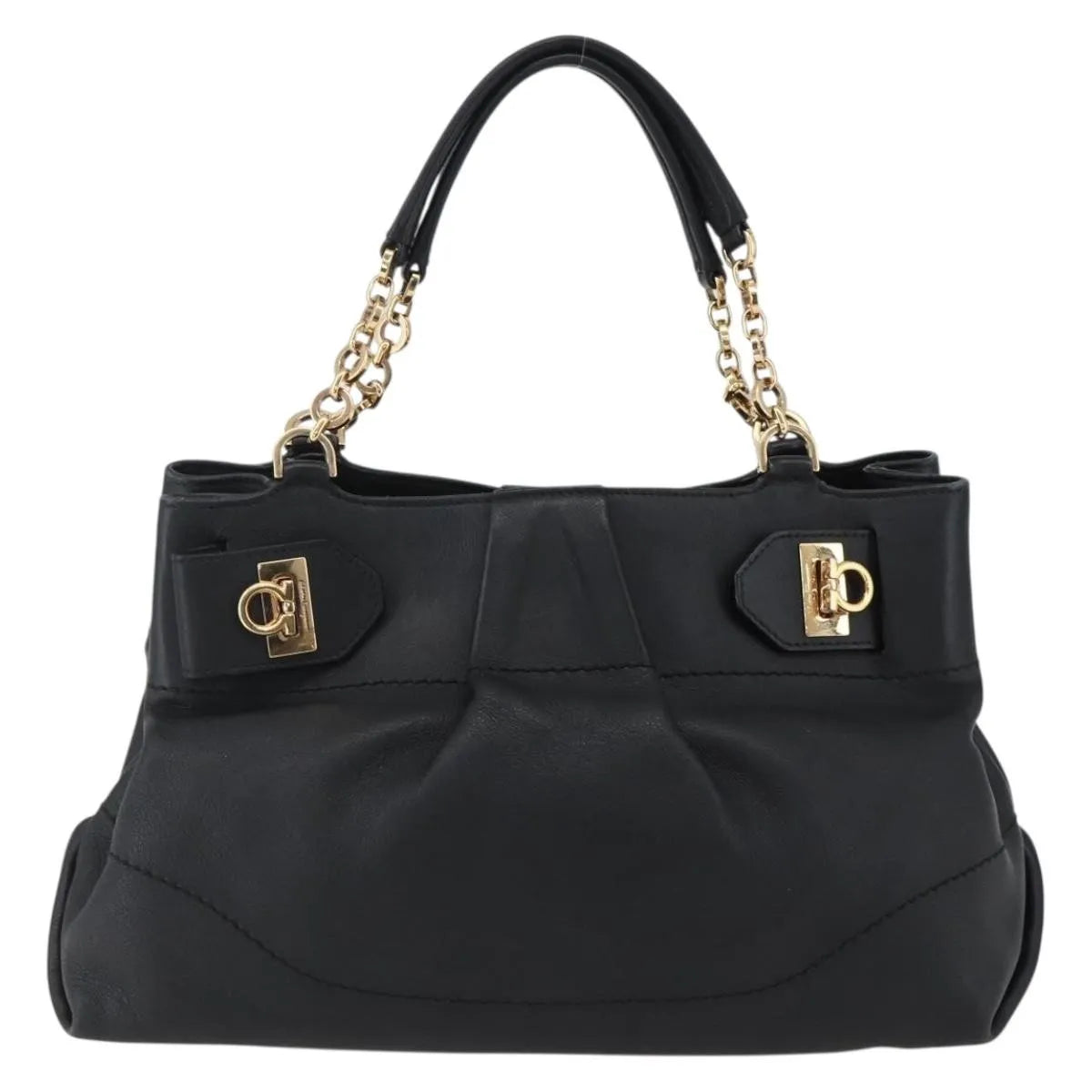 Salvatore Ferragamo W Chain Tote Leather Black Leather Handbag (Pre-Owned)
