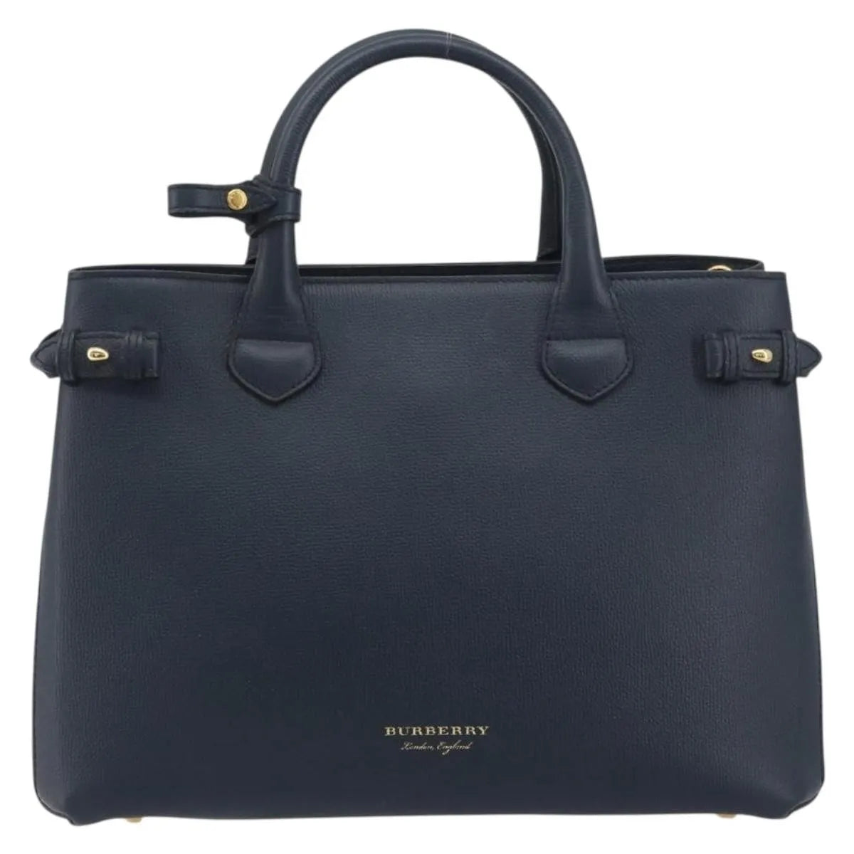 Burberry Banner Tote Leather And House Check Canvas Navy Leather Handbag (Pre-Owned)