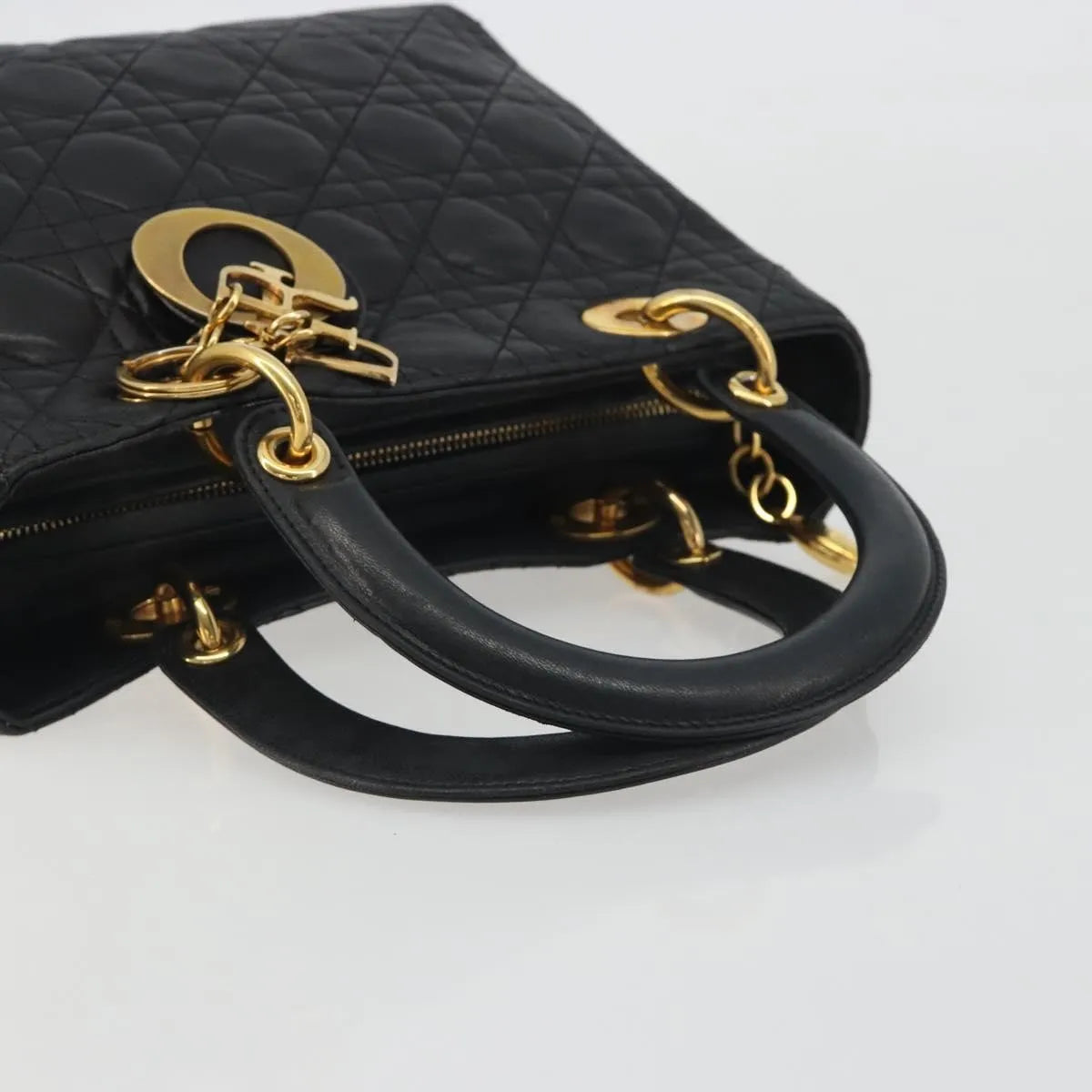 Christian Dior Vintage Lady Dior Cannage Quilt Lambskin Black Leather Handbag (Pre-Owned)
