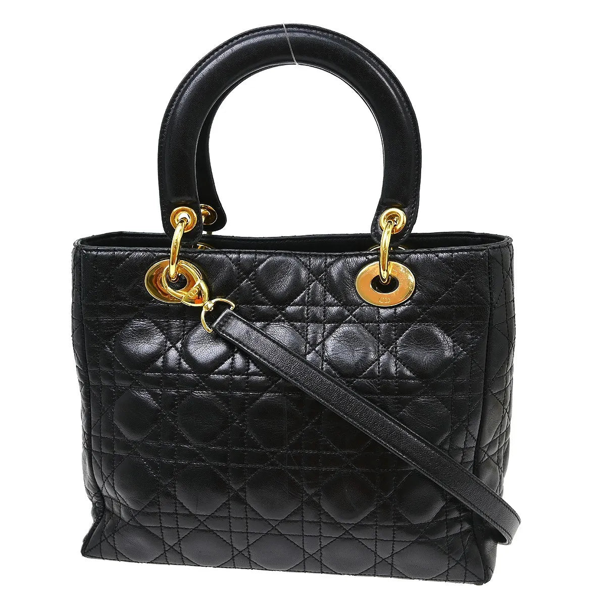 Christian Dior Lady Dior Cannage Quilt Lambskin Black Leather Handbag (Pre-Owned)