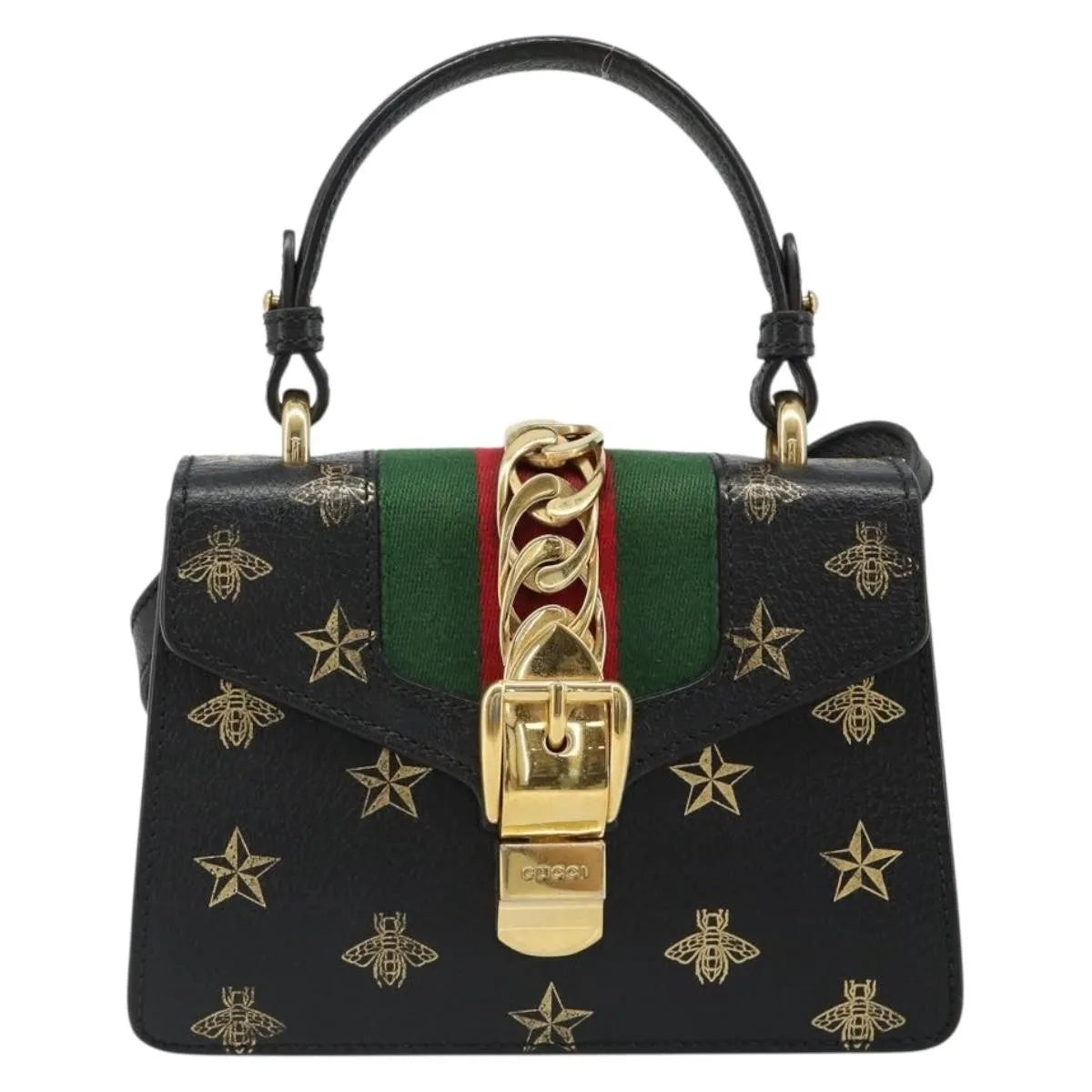 Gucci Sylvie Top Handle Printed Leather Black Leather Handbag (Pre-Owned)