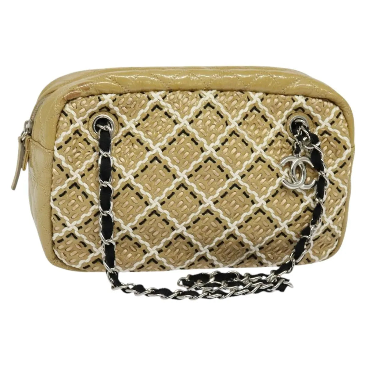 Chanel Camera Case Woven Stitch Patent Beige Glass Shoulder Bag Bag (Pre-Owned)