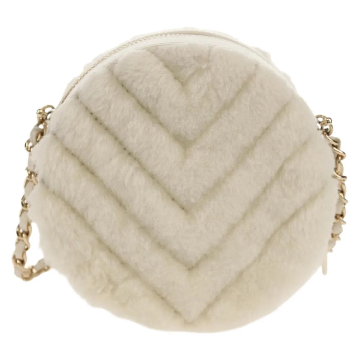 Chanel Round Clutch With Chain Chevron Shearling White Faux_Fur Clutche & Pouche Bag (Pre-Owned)