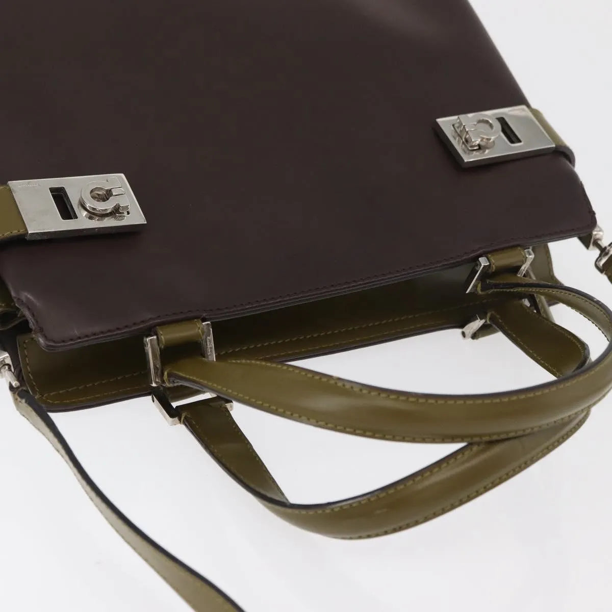 Salvatore Ferragamo Double Gancini Side Buckle Tote Patent Leather Brown Patent_Leather Handbag (Pre-Owned)