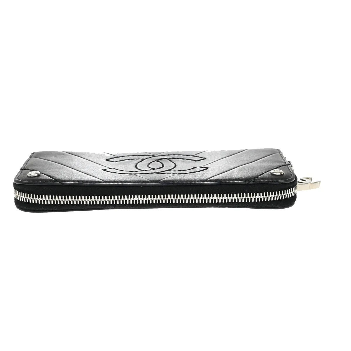 Chanel Cc Charm Zip Around Quilted Lambskin Black Leather Wallets Accessory (Pre-Owned)