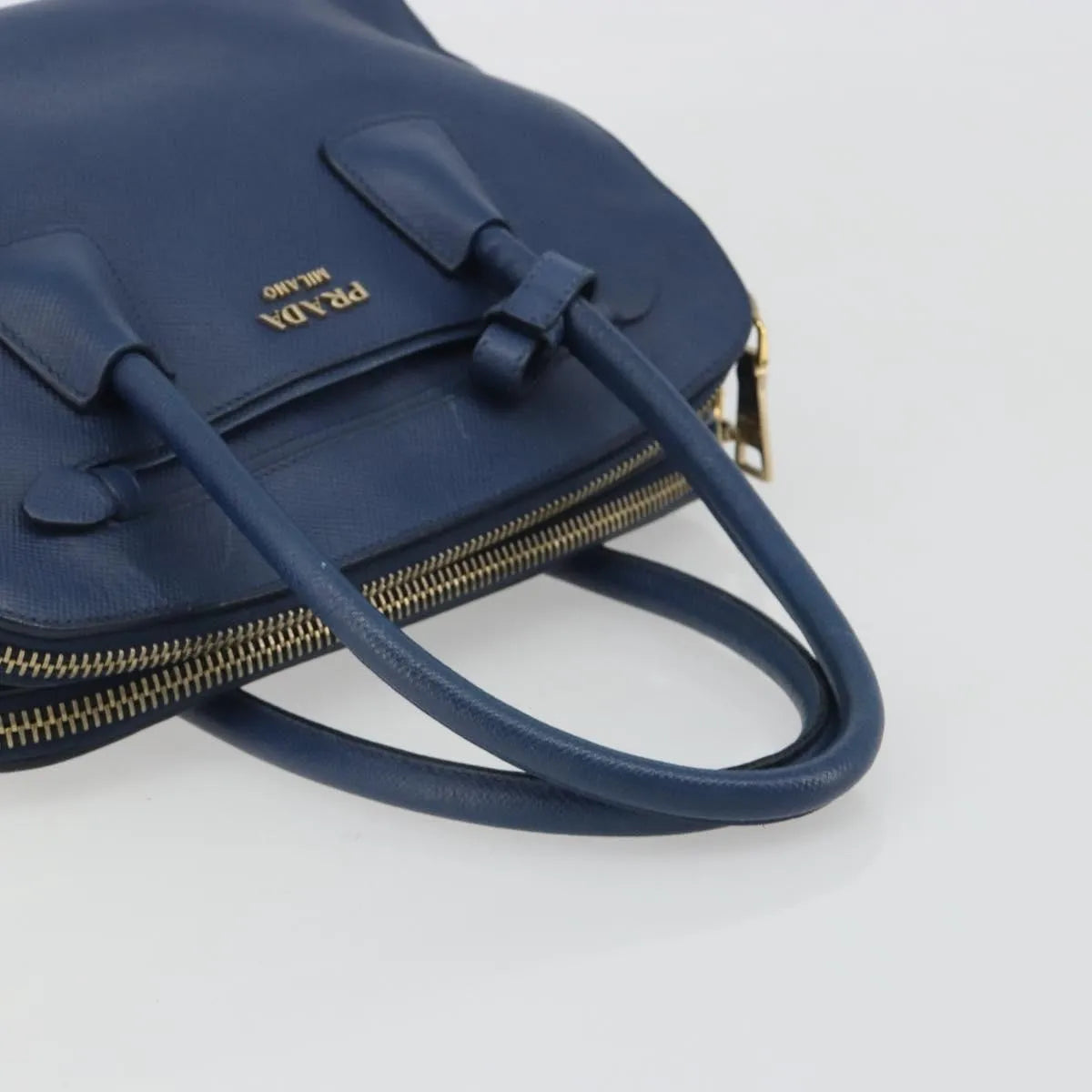 Prada Cuir Frame Double Zip Tote Saffiano Leather Blue Leather Tote Bag Bag (Pre-Owned)