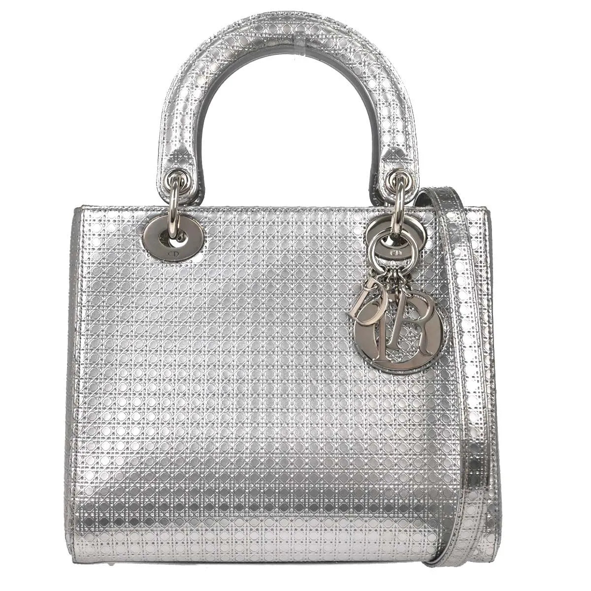 Christian Dior Lady Dior Micro Cannage Metallic Calfskin Silver Calfskin Handbag (Pre-Owned)