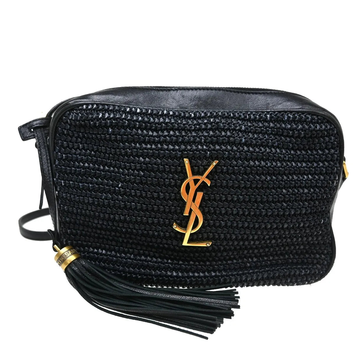 Saint Laurent Lou Camera Raffia Black Leather Handbag (Pre-Owned)