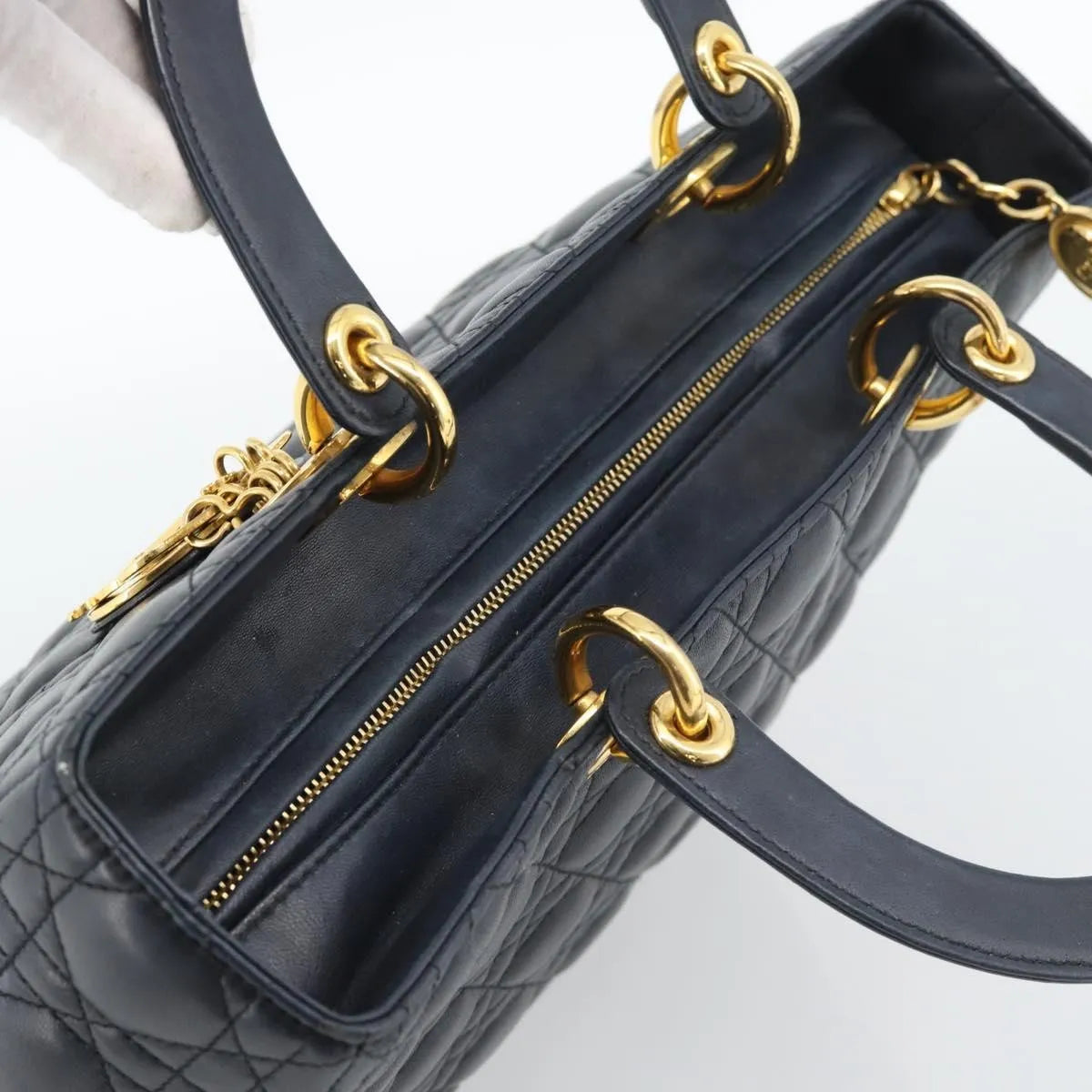 Christian Dior Lady Dior Cannage Quilt Lambskin Black Leather Handbag (Pre-Owned)