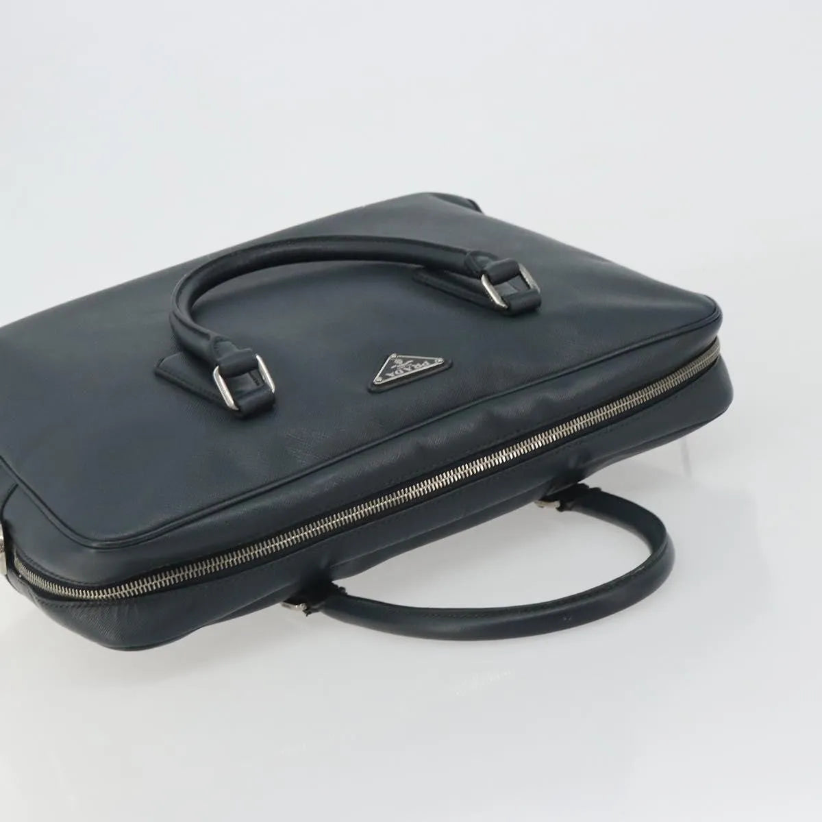 Prada Zip Around Saffiano Leather Navy Leather Briefcase Bag (Pre-Owned)