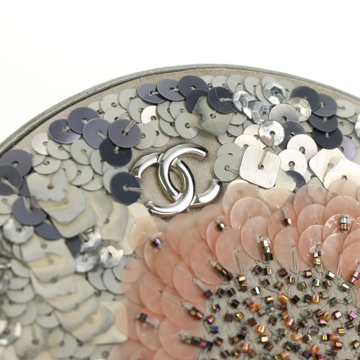 Chanel Round Clutch With Chain Sequins Gray Leather Clutche & Pouche Bag (Pre-Owned)