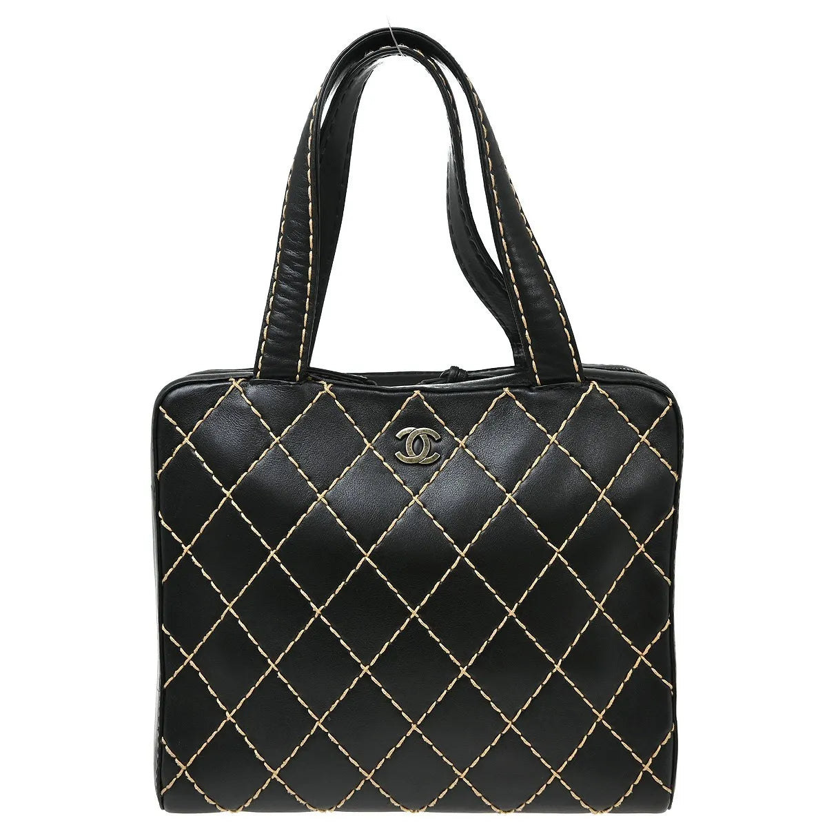 Chanel Surpique Zip Around Satchel Quilted Leather Black Leather Handbag (Pre-Owned)