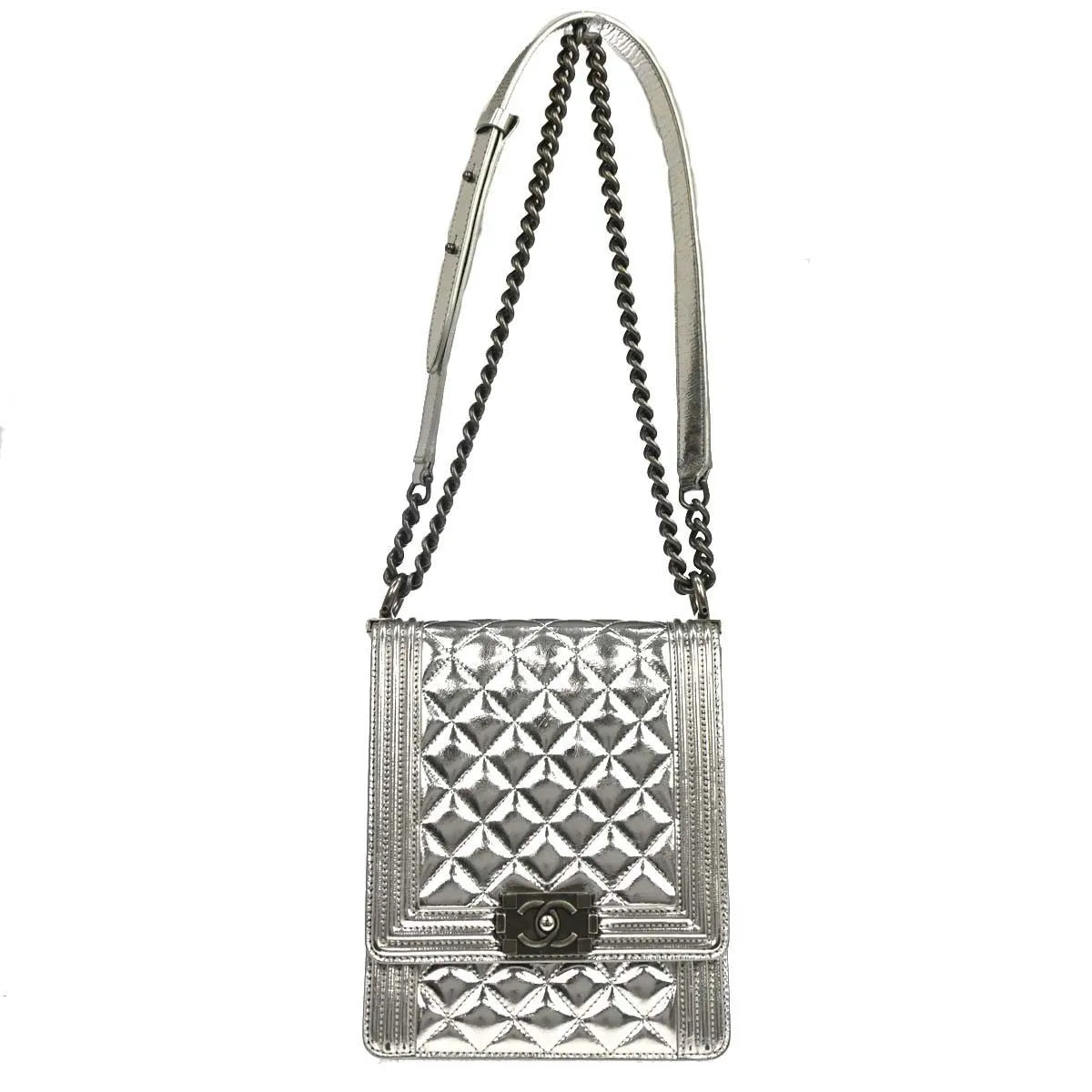 Chanel North South Boy Flap Quilted Metallic Calfskin Metallic Patent_Leather Shoulder Bag Bag (Pre-Owned)