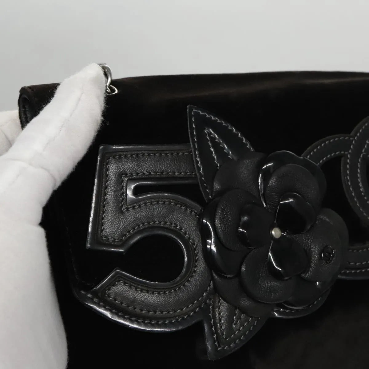 Chanel Camellia No.5 Chain Flap Velvet Black Velvet Shoulder Bag Bag (Pre-Owned)