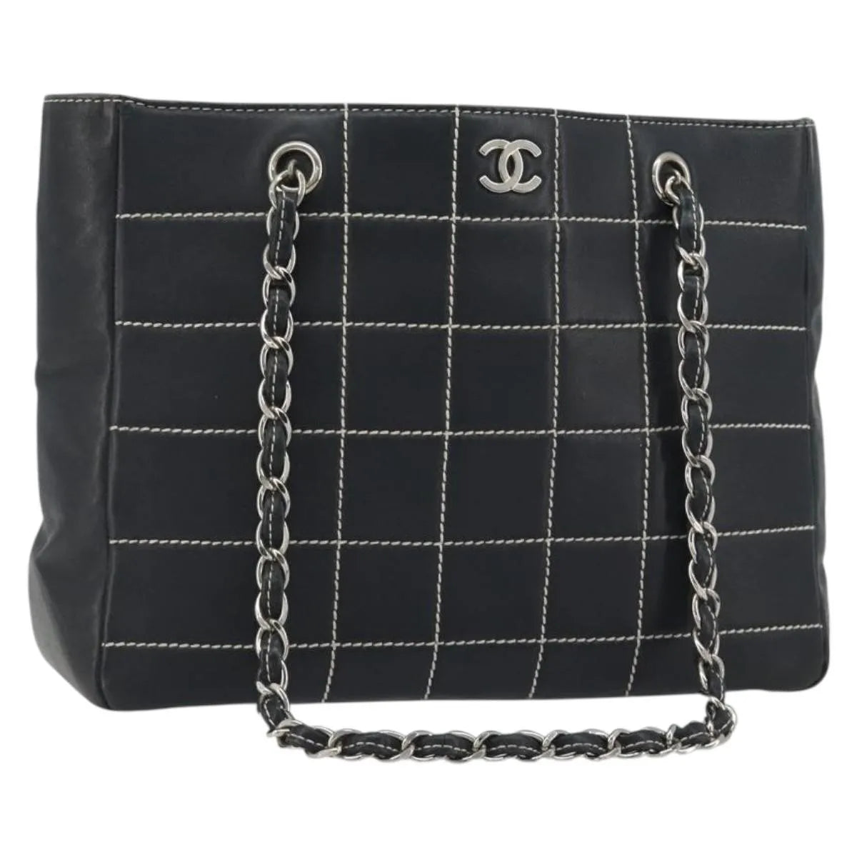 Chanel Vintage Chocolate Bar Tote Quilted Lambskin Navy Leather Tote Bag Bag (Pre-Owned)