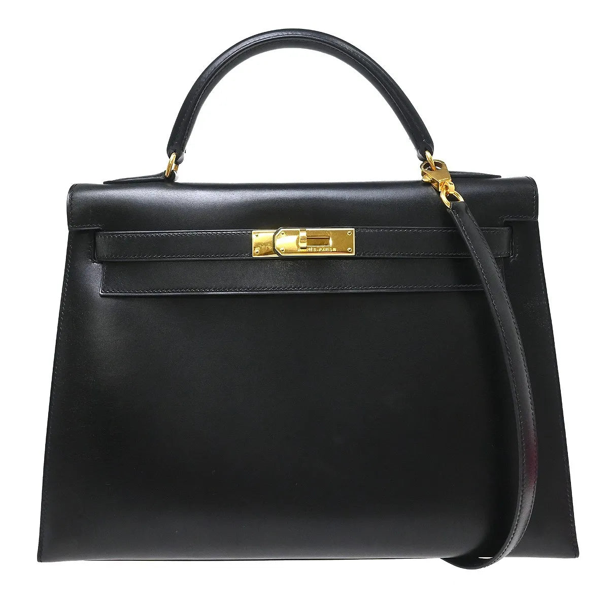 Hermes Kelly Black Box Calf With Gold Hardware Black Calfskin Handbag (Pre-Owned)