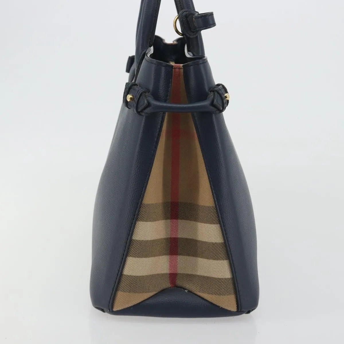 Burberry Banner Tote Leather And House Check Canvas Navy Leather Handbag (Pre-Owned)