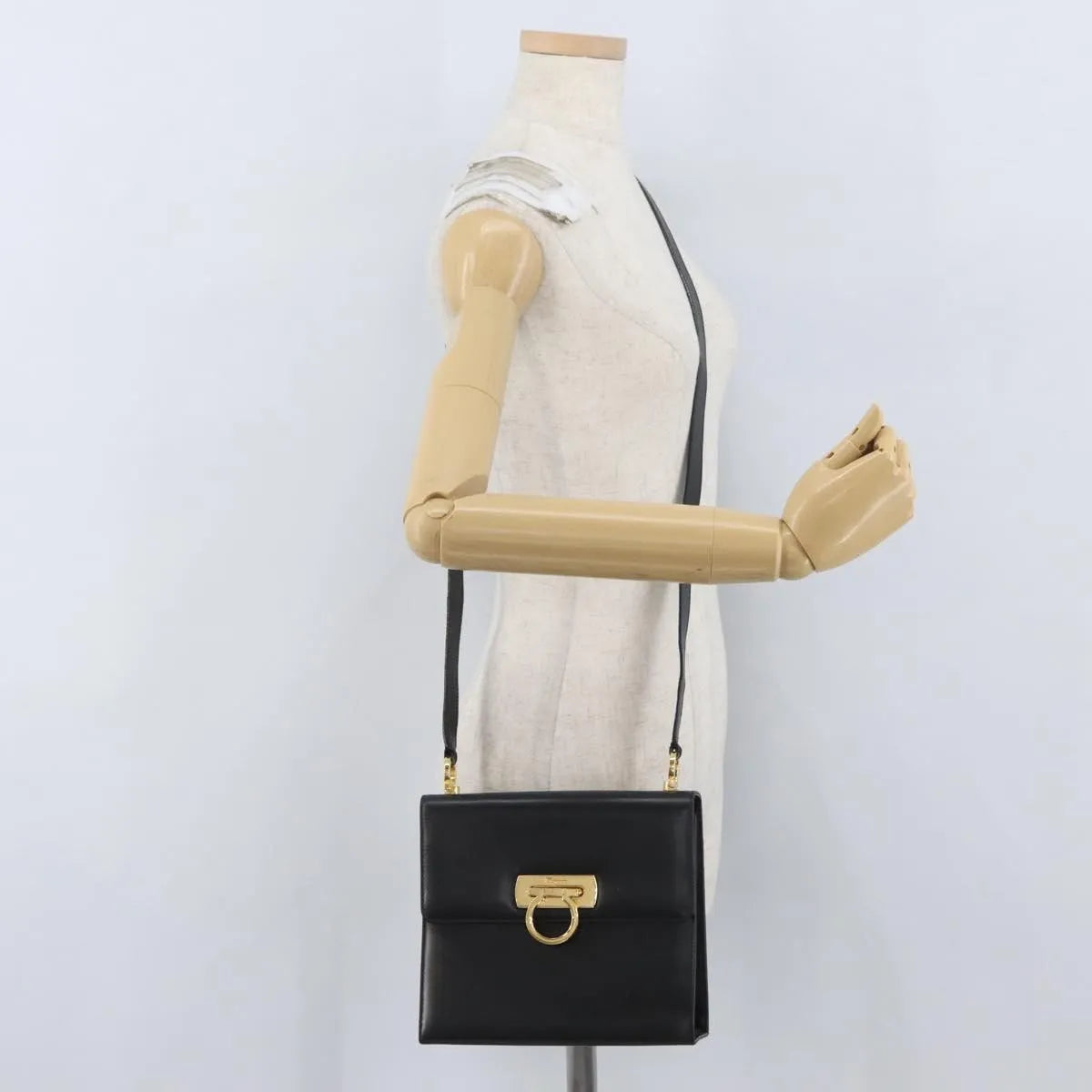 Salvatore Ferragamo Gancini Flap Leather Black Leather Shoulder Bag Bag (Pre-Owned)