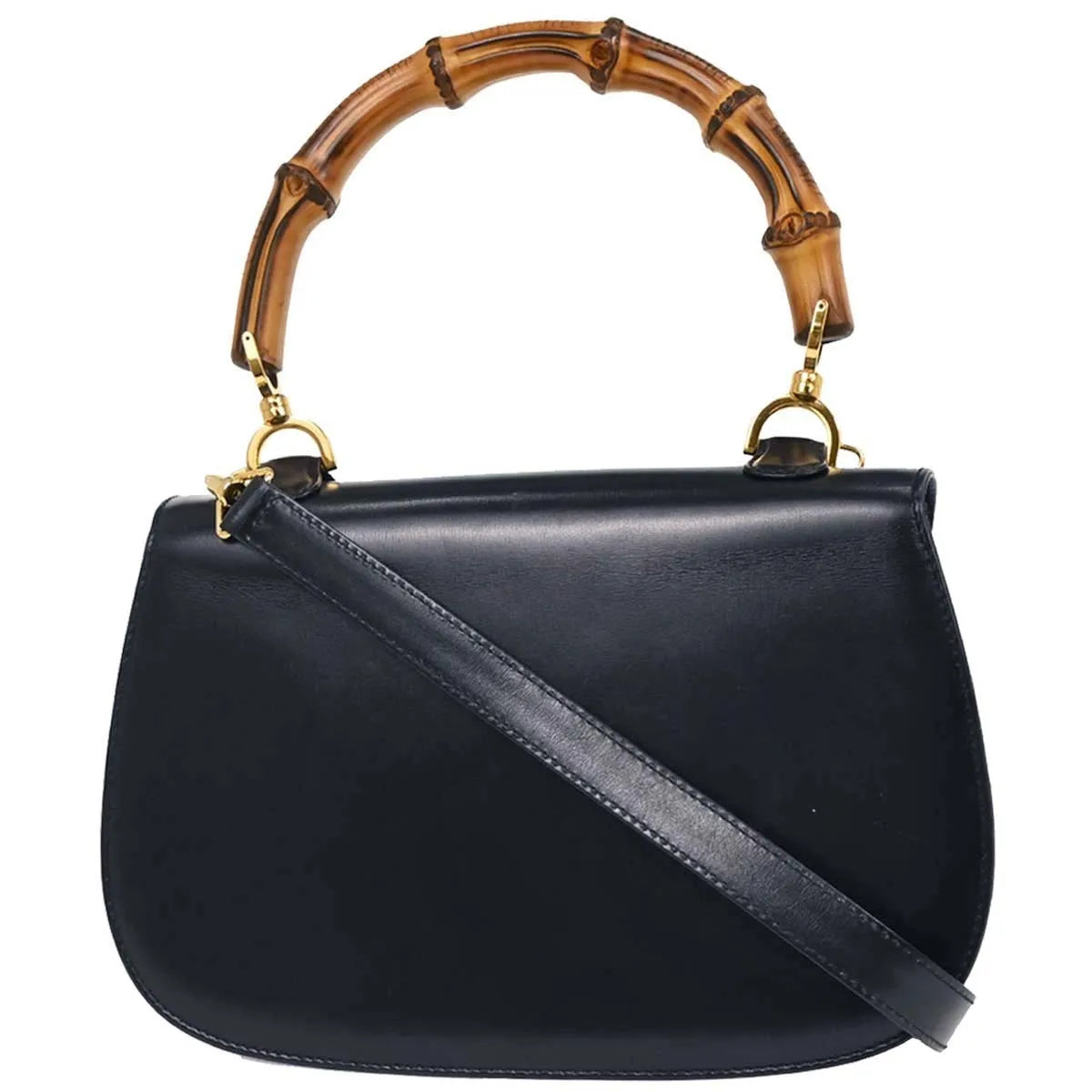 Gucci Vintage Convertible Bamboo Top Handle Leather Navy Leather Handbag (Pre-Owned)