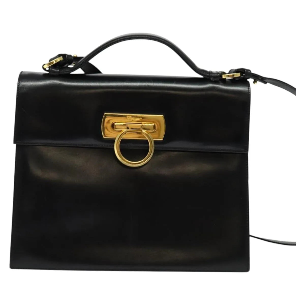 Salvatore Ferragamo Gancini Convertible Top Handle Leather Black Leather Handbag (Pre-Owned)