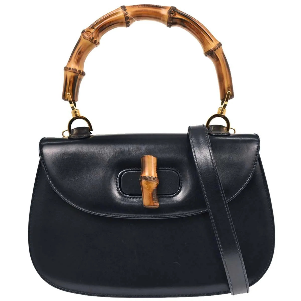 Gucci Vintage Convertible Bamboo Top Handle Leather Navy Leather Handbag (Pre-Owned)