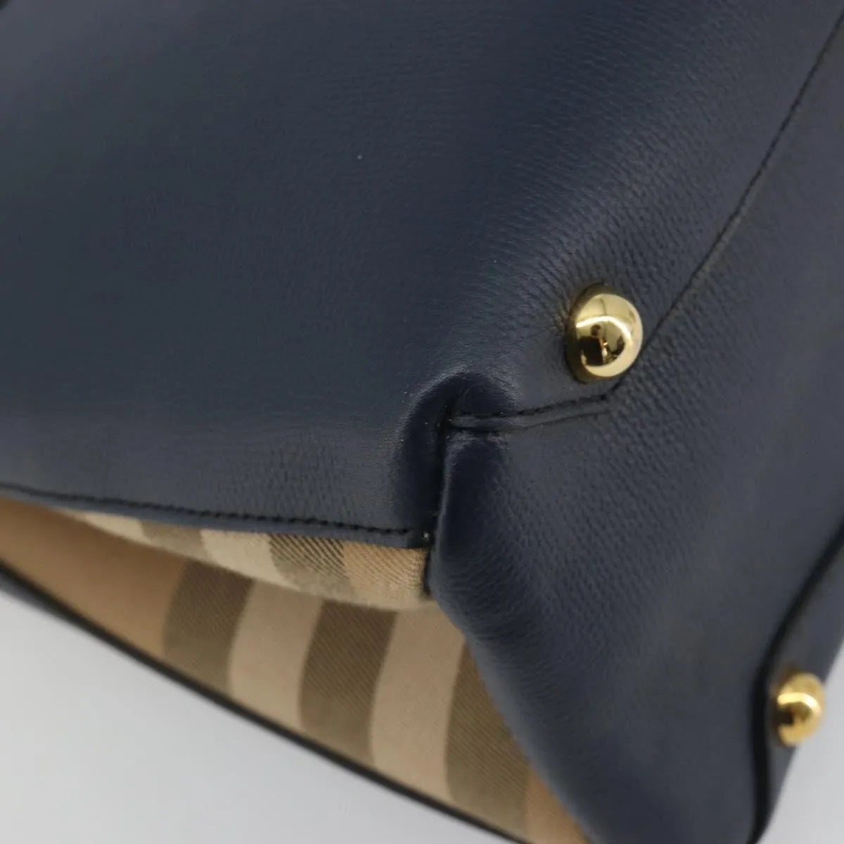 Burberry Banner Tote Leather And House Check Canvas Navy Leather Handbag (Pre-Owned)