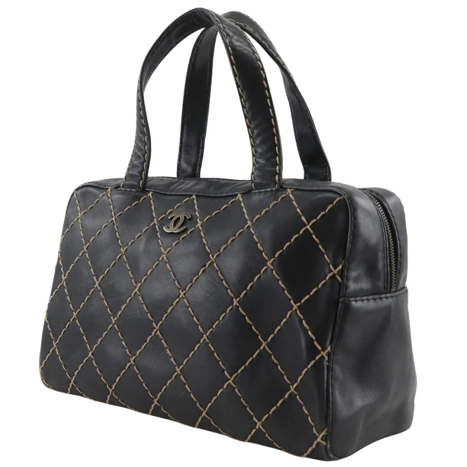 Chanel Surpique Boston Quilted Leather Black Leather Handbag (Pre-Owned)
