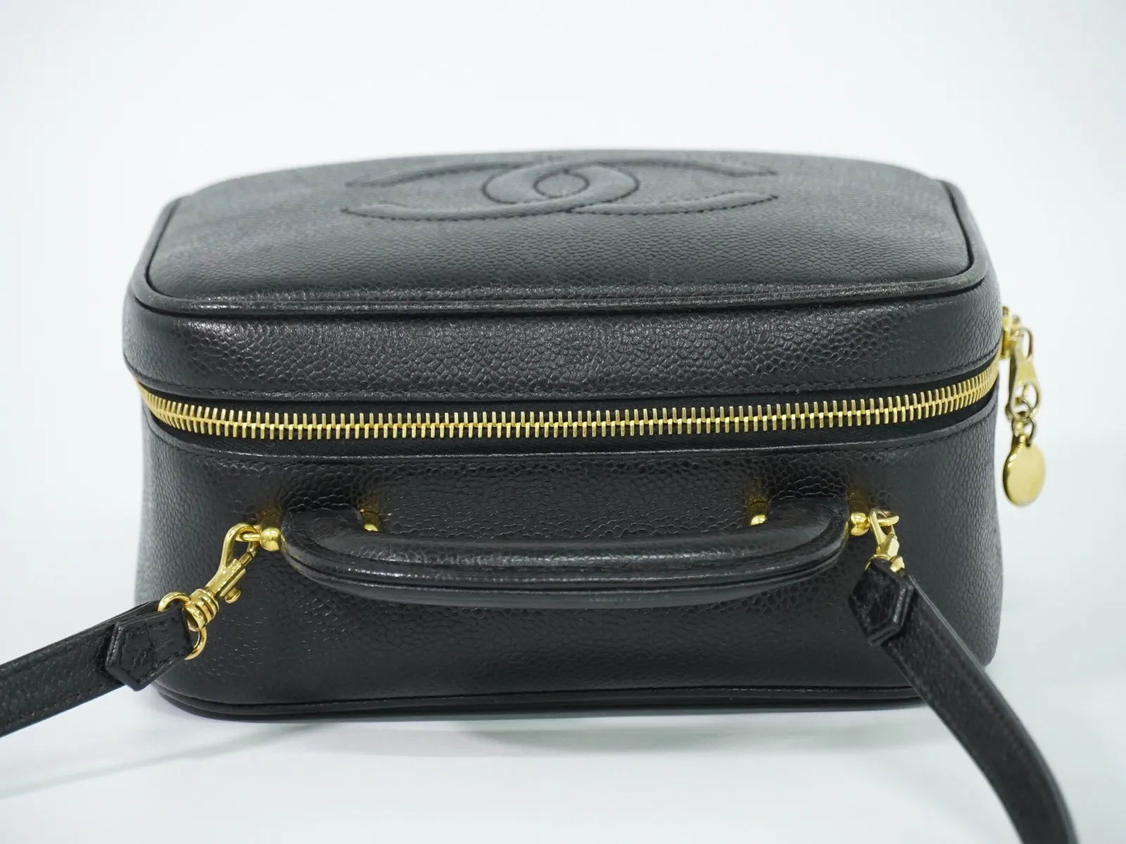 Chanel Vintage Timeless Zip Around Vanity Case Caviar Black Leather Handbag (Pre-Owned)